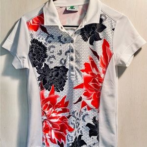 XDS Red and Black floral print/white polo